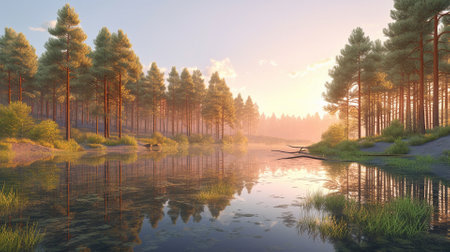 A beautiful colorful illustration of a summer landscape with a mountain lake among a pine forest . High quality illustrationの素材
