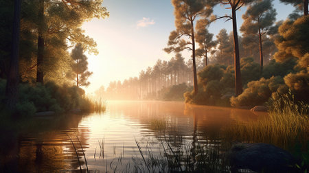 A beautiful colorful illustration of a summer landscape with a mountain lake among a pine forest . High quality illustrationの素材