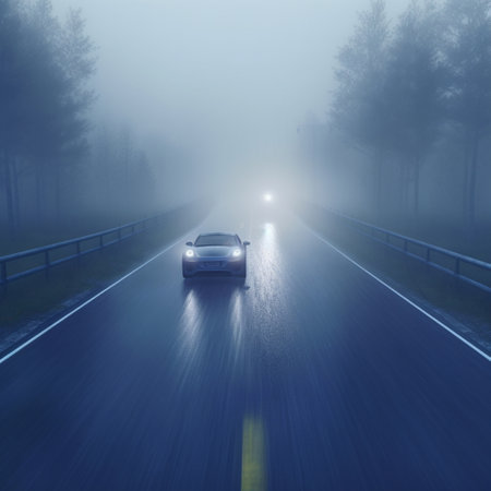The car is driving along a gloomy road in the rain. Cinematic scene with deep dark tones and cinematic lighting. High quality photoの素材