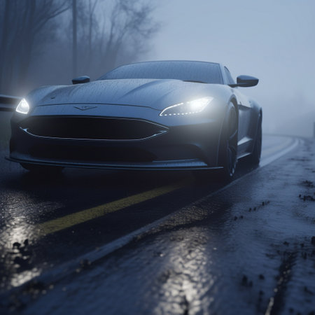 The car is driving along a gloomy road in the rain. Cinematic scene with deep dark tones and cinematic lighting. High quality photoの素材