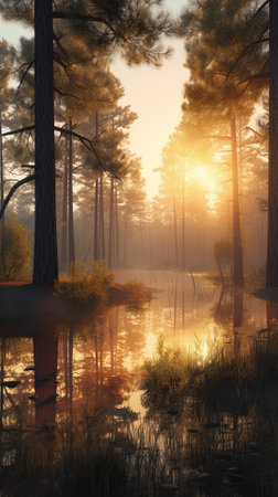 A beautiful colorful illustration of a summer landscape with a mountain lake among a pine forest . High quality illustrationの素材