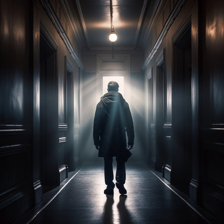 Man in a gloomy corridor with different light sources. A rich cinematic picture with different local light sources. Rich and deep colors. High quality photoの素材