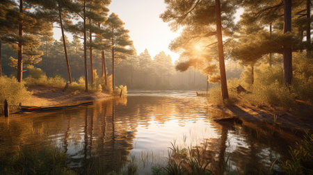 A beautiful colorful illustration of a summer landscape with a mountain lake among a pine forest . High quality illustrationの素材