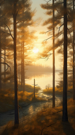 A beautiful colorful illustration of a summer landscape with a mountain lake among a pine forest . High quality illustrationの素材
