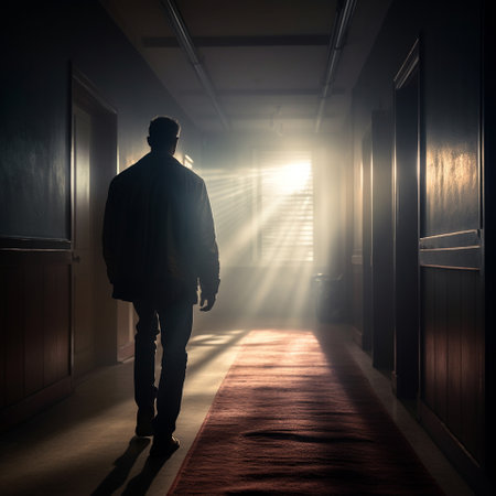 Man in a gloomy corridor with different light sources. A rich cinematic picture with different local light sources. Rich and deep colors. High quality photoの素材
