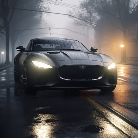 The car is driving along a gloomy road in the rain. Cinematic scene with deep dark tones and cinematic lighting. High quality photoの素材