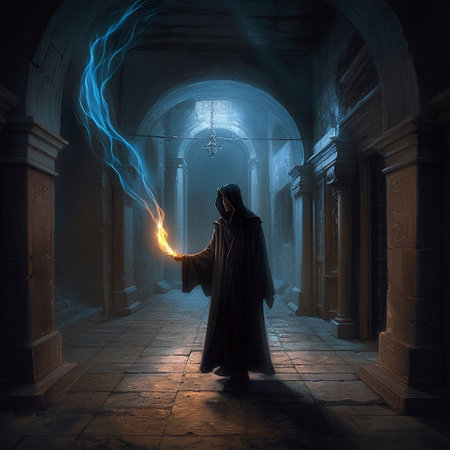 A mysterious man in a black robe performs mystical mysteries in an ancient Gothic temple. High quality photoの素材