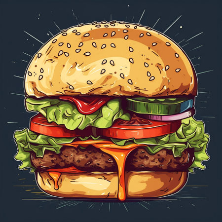 Colorful graphic image of an appetizing burger. High quality illustrationの素材
