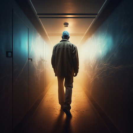 Man in a gloomy corridor with different light sources. A rich cinematic picture with different local light sources. Rich and deep colors. High quality photoの素材