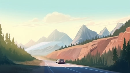 Colorful graphic illustration of a car driving along a beautiful mountain trail. High quality illustrationの素材