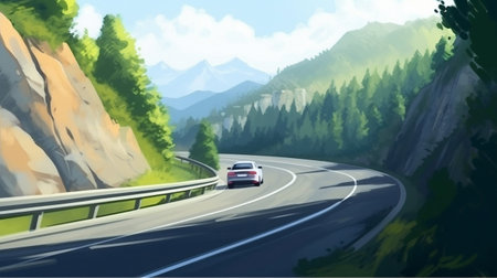 Colorful graphic illustration of a car driving along a beautiful mountain trail. High quality illustrationの素材