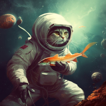 A cat in a spacesuit is sitting at the bottom of a massive lake and fishing by handの素材