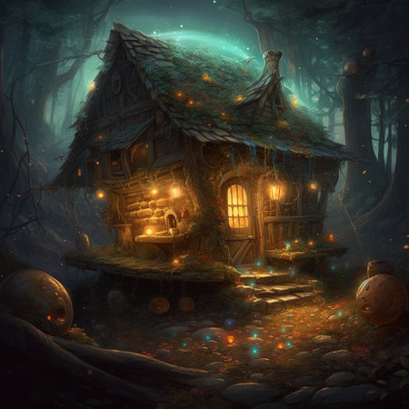 A beautiful fairy-tale illustration with a lonely wizards hut deep in the forest thicket. A lot of small lights around illuminate the hut at night. Fabulous landscapeの素材
