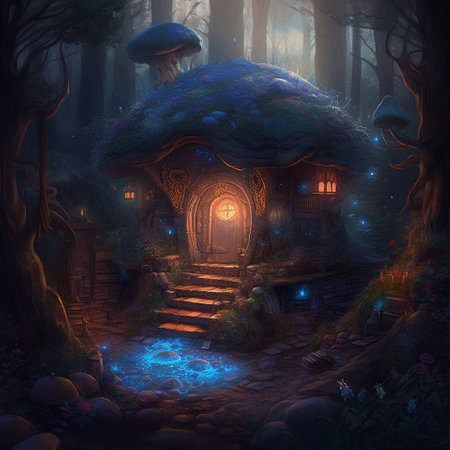 A beautiful fairy-tale illustration with a lonely wizards hut deep in the forest thicket. A lot of small lights around illuminate the hut at night. Fabulous landscapeの素材