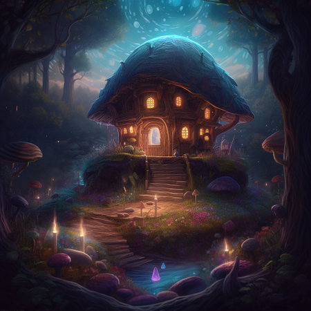 A beautiful fairy-tale illustration with a lonely wizards hut deep in the forest thicket. A lot of small lights around illuminate the hut at night. Fabulous landscapeの素材