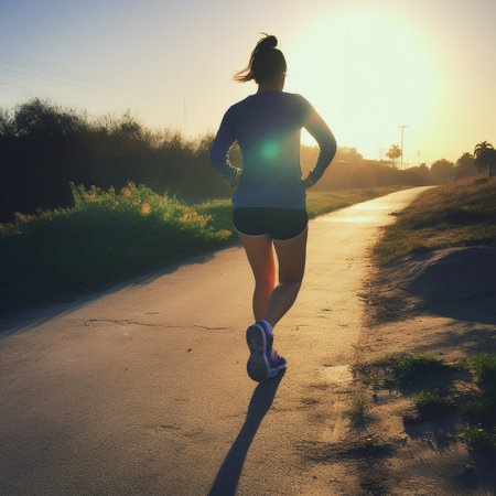 A beautiful girl on a sports run in the early sunny morning. High quality photoの素材