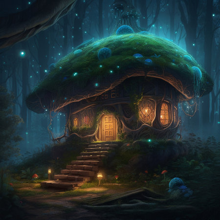 A beautiful fairy-tale illustration with a lonely wizards hut deep in the forest thicket. A lot of small lights around illuminate the hut at night. Fabulous landscapeの素材