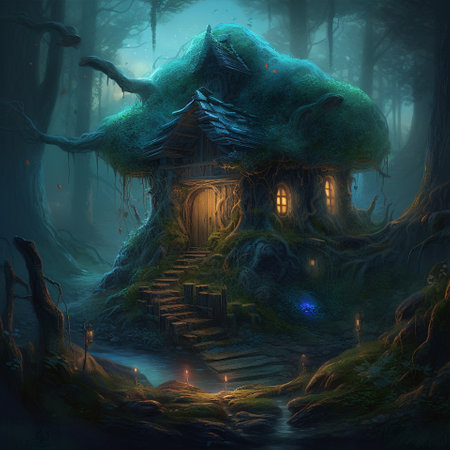 A beautiful fairy-tale illustration with a lonely wizards hut deep in the forest thicket. A lot of small lights around illuminate the hut at night. Fabulous landscapeの素材