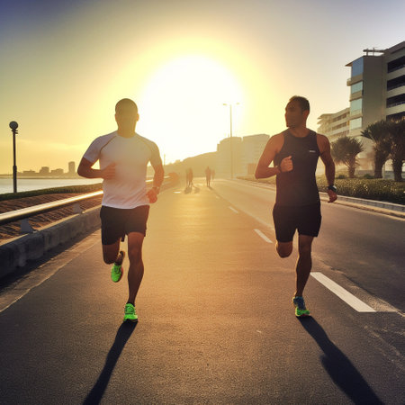 Two men on a sports run in the early sunny morning. High quality photoの素材