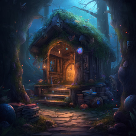 A beautiful fairy-tale illustration with a lonely wizards hut deep in the forest thicket. A lot of small lights around illuminate the hut at night. Fabulous landscapeの素材