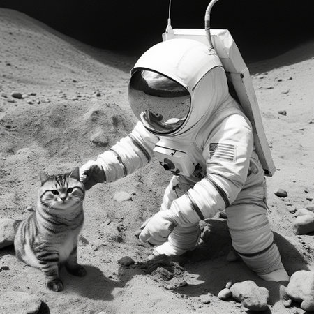 The astronaut decided to pet the cat he met walking on the moonの素材
