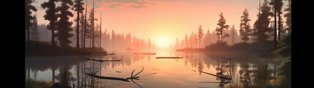 A beautiful colorful illustration of a summer landscape with a mountain lake among a pine forest . High quality illustrationの素材