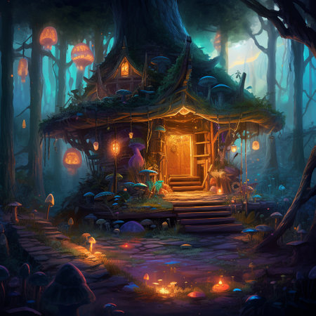 A beautiful fairy-tale illustration with a lonely wizards hut deep in the forest thicket. A lot of small lights around illuminate the hut at night. Fabulous landscapeの素材