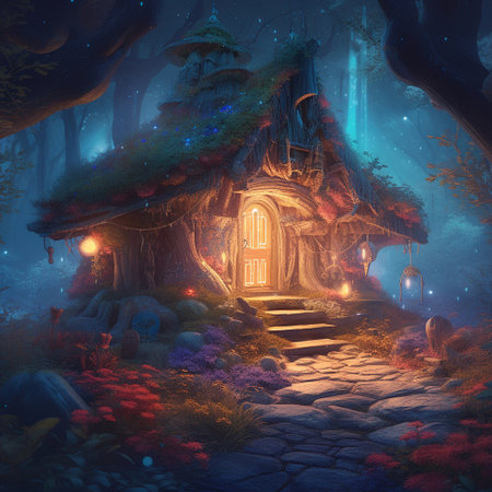 A beautiful fairy-tale illustration with a lonely wizards hut deep in the forest thicket. A lot of small lights around illuminate the hut at night. Fabulous landscapeの素材