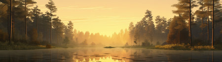 A beautiful colorful illustration of a summer landscape with a mountain lake among a pine forest . High quality illustrationの素材