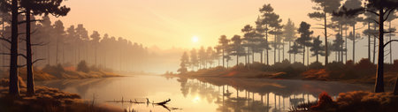 A beautiful colorful illustration of a summer landscape with a mountain lake among a pine forest . High quality illustrationの素材