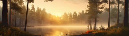 A beautiful colorful illustration of a summer landscape with a mountain lake among a pine forest . High quality illustrationの素材