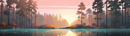 A beautiful colorful illustration of a summer landscape with a mountain lake among a pine forest . High quality illustrationの素材