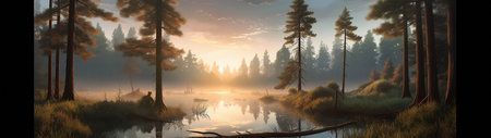 A beautiful colorful illustration of a summer landscape with a mountain lake among a pine forest . High quality illustrationの素材