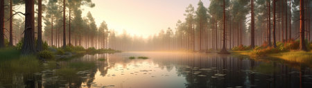 A beautiful colorful illustration of a summer landscape with a mountain lake among a pine forest . High quality illustrationの素材