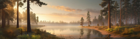 A beautiful colorful illustration of a summer landscape with a mountain lake among a pine forest . High quality illustrationの素材
