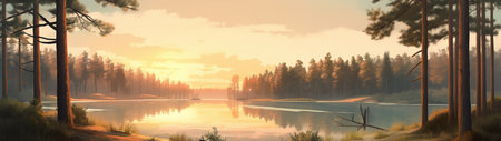 A beautiful colorful illustration of a summer landscape with a mountain lake among a pine forest . High quality illustrationの素材