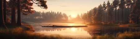 A beautiful colorful illustration of a summer landscape with a mountain lake among a pine forest . High quality illustrationの素材