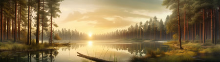 A beautiful colorful illustration of a summer landscape with a mountain lake among a pine forest . High quality illustrationの素材