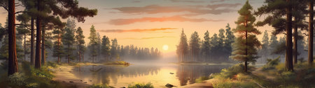 A beautiful colorful illustration of a summer landscape with a mountain lake among a pine forest . High quality illustrationの素材