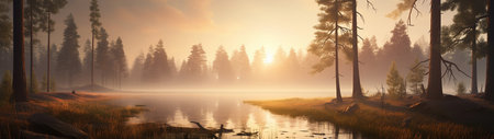 A beautiful colorful illustration of a summer landscape with a mountain lake among a pine forest . High quality illustrationの素材