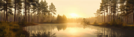 A beautiful colorful illustration of a summer landscape with a mountain lake among a pine forest . High quality illustrationの素材