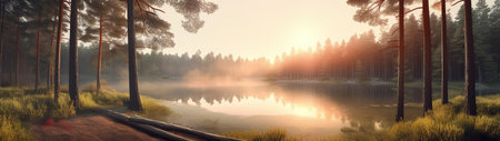A beautiful colorful illustration of a summer landscape with a mountain lake among a pine forest . High quality illustrationの素材