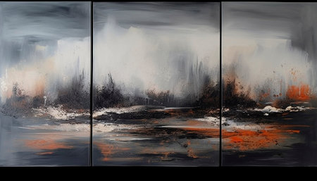 triptych in arcylic colors. House design. trees. High qualityの素材