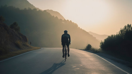 a cyclist rides towards the dawn. High qualityの素材