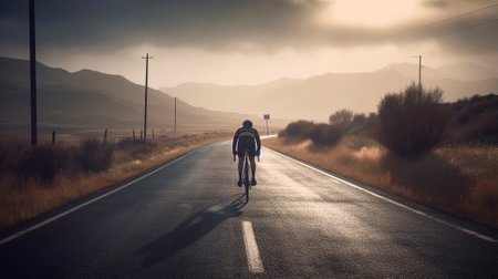 a cyclist rides towards the dawn. High qualityの素材