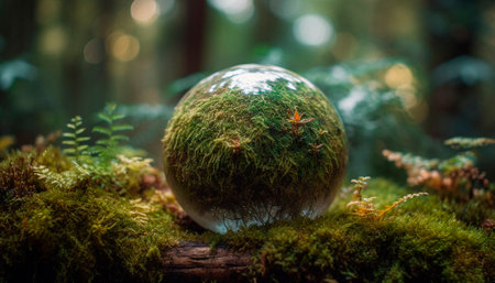 a glass ball in the form of a planet on the moss. Nature protection. High qualityの素材