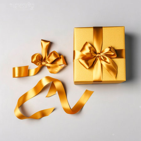 golden gift box with gold ribbons on the table. High qualityの素材