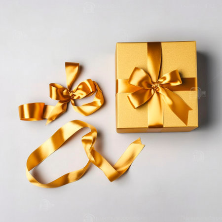 golden gift box with gold ribbons on the table. High qualityの素材
