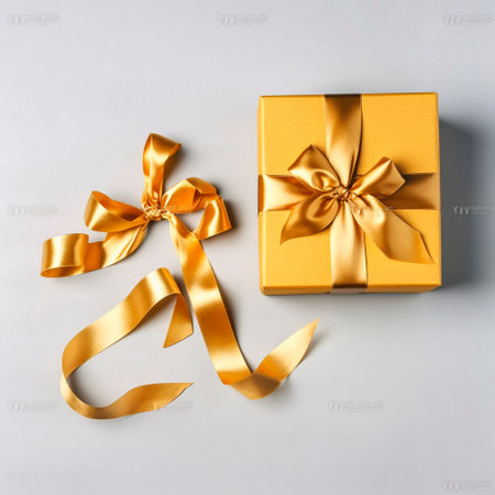 golden gift box with gold ribbons on the table. High qualityの素材