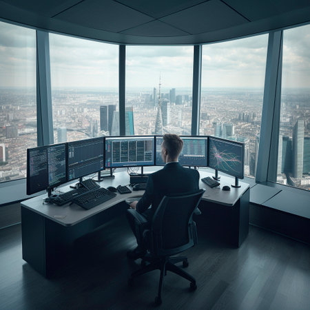 trader in front of monitors in a skyscraper overlooking the city. High qualityの素材